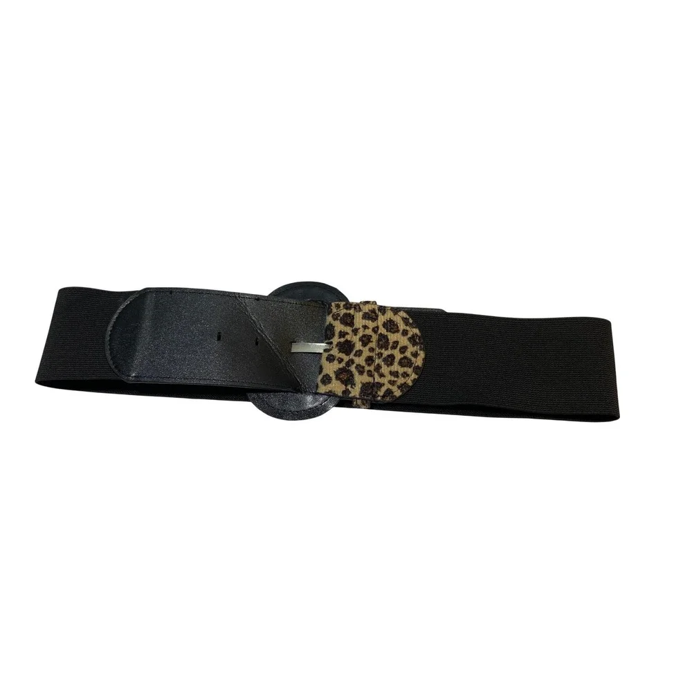 Womens Leopard Print Wide Elastic Waist Belt Animal Print‎ Brown Black Buckle